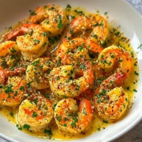 Plate of garlic butter shrimp garnished with herbs and served with lemon slices