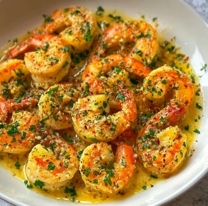 Plate of garlic butter shrimp garnished with herbs and served with lemon slices