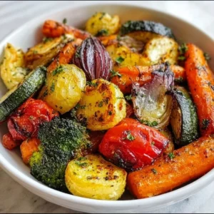 A colorful platter of garlic roasted vegetables, seasoned and ready to serve.
