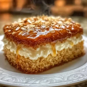 Delicious slice of German Bee Sting Cake with honey, cream, and almonds
