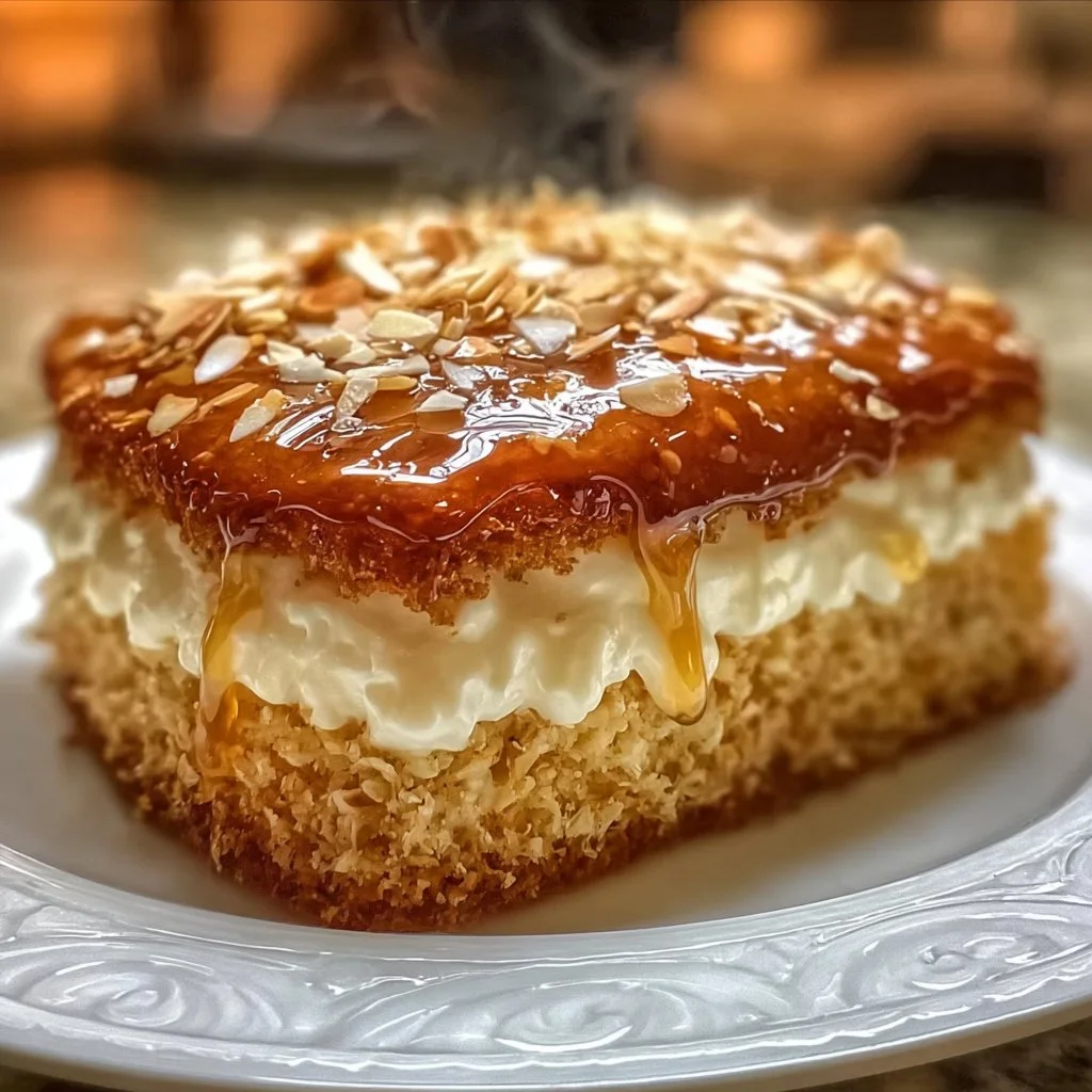 Delicious slice of German Bee Sting Cake with honey, cream, and almonds