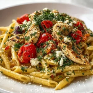 Delicious Greek Chicken Pasta served with fresh vegetables and herbs.