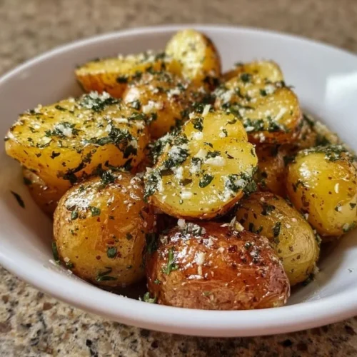Delicious Greek-Style Lemon Potatoes garnished with herbs and lemon slices.