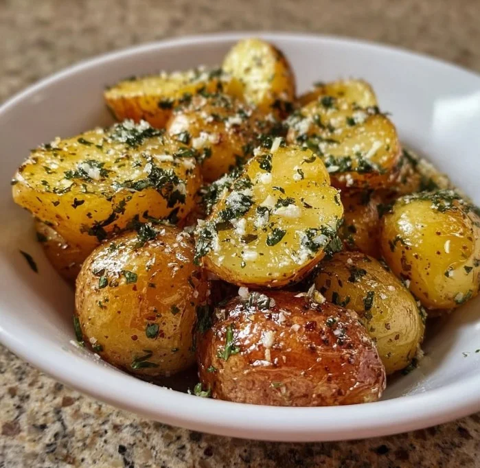 Delicious Greek-Style Lemon Potatoes garnished with herbs and lemon slices.
