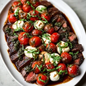 Grilled flank steak caprese salad with fresh basil and balsamic dressing
