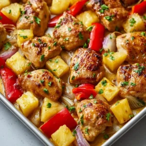 Hawaiian Chicken Sheet Pan with vegetables and pineapple on a rustic table.