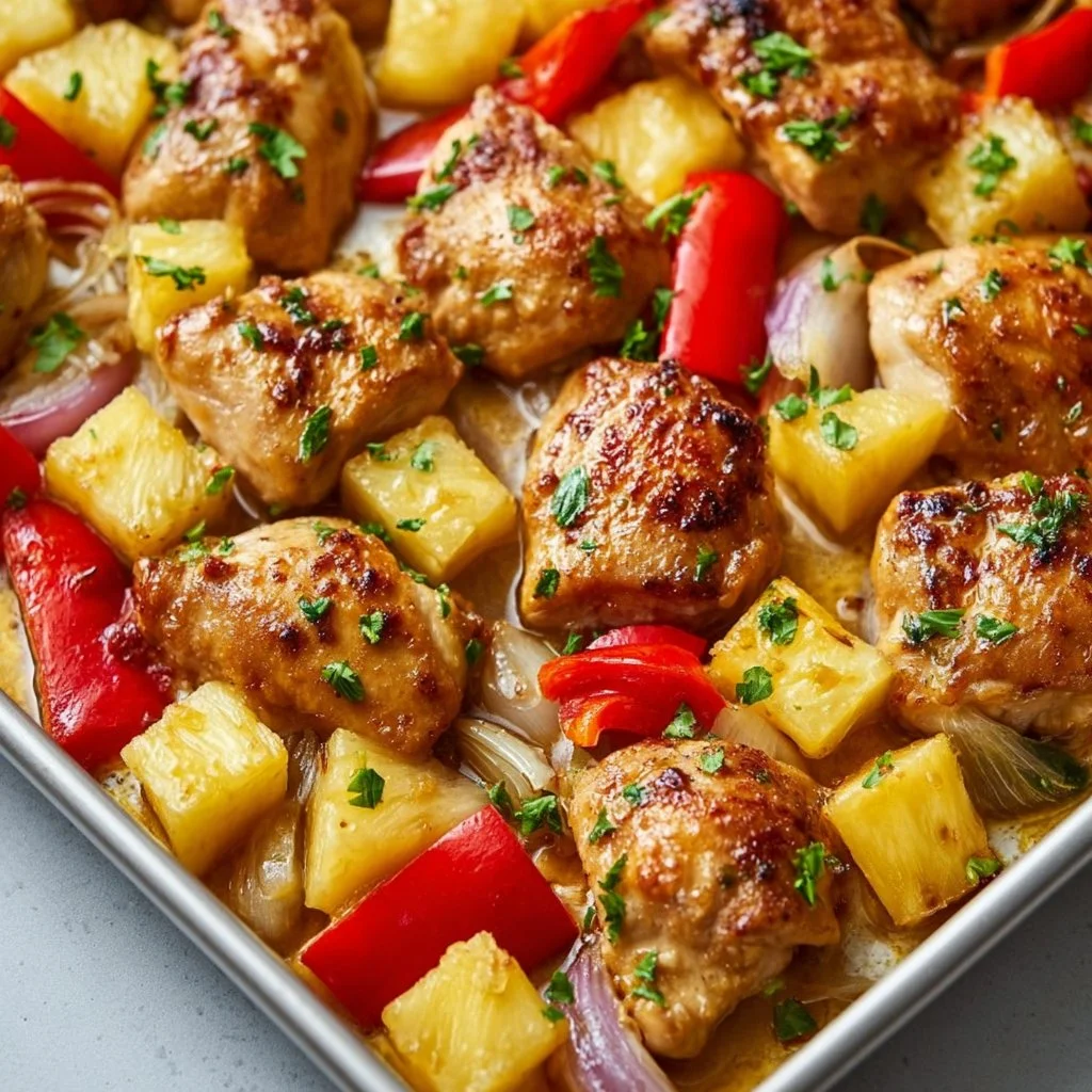 1735855500050-b33rq64b Hawaiian Chicken Sheet Pan with vegetables and pineapple on a rustic table.