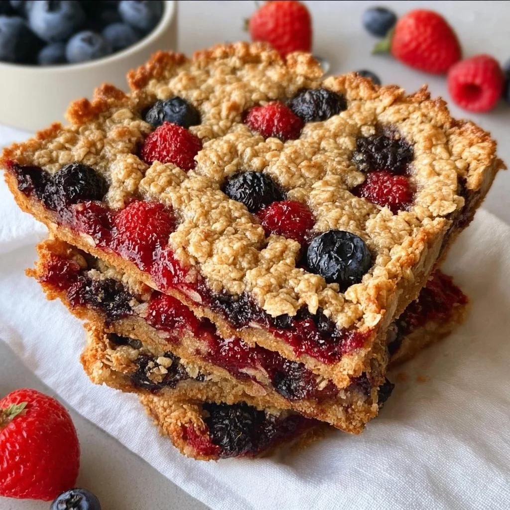 Healthy oatmeal bars with mixed berries and nuts on a wooden board