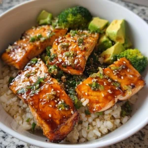 Delicious honey glazed salmon bowl with vegetables and rice.