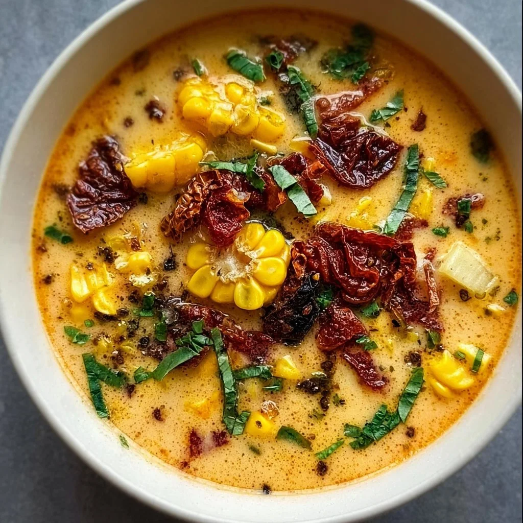 1735855500050-b33rq64b Delicious bowl of sun dried tomato corn chowder garnished with herbs