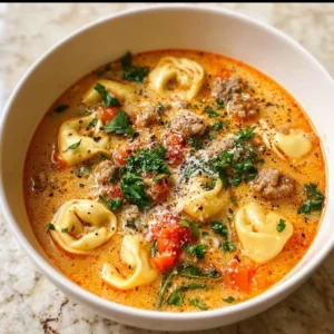 Bowl of Italian Sausage Tortellini Soup garnished with parsley