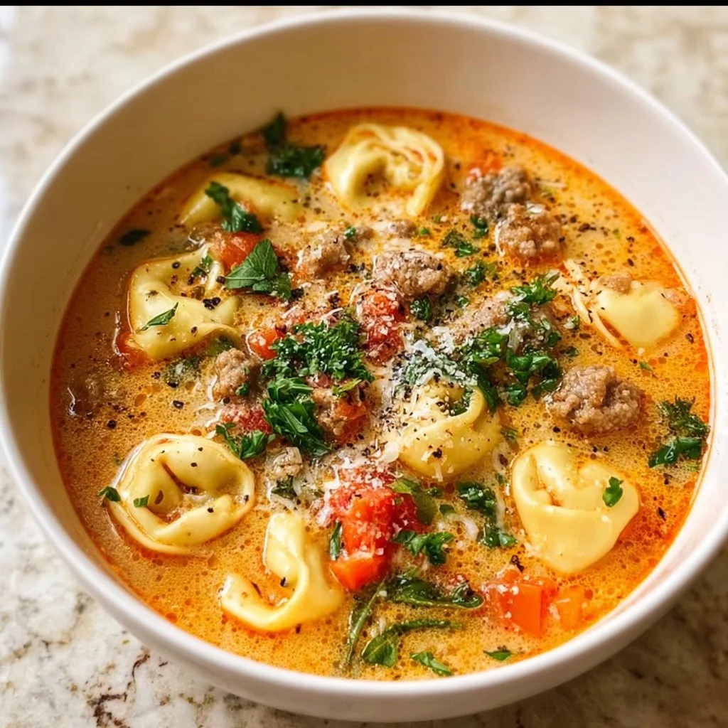 1735855500050-b33rq64b Bowl of Italian Sausage Tortellini Soup garnished with parsley