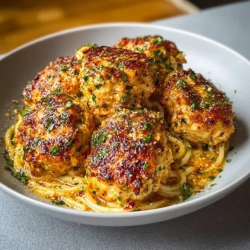 Juicy chicken ricotta meatballs served with marinara sauce and herbs