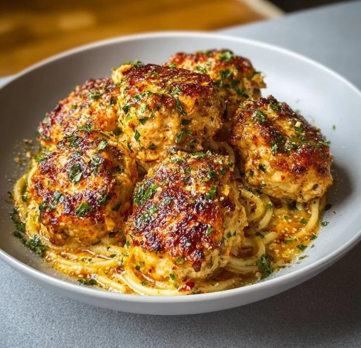 Juicy chicken ricotta meatballs served with marinara sauce and herbs