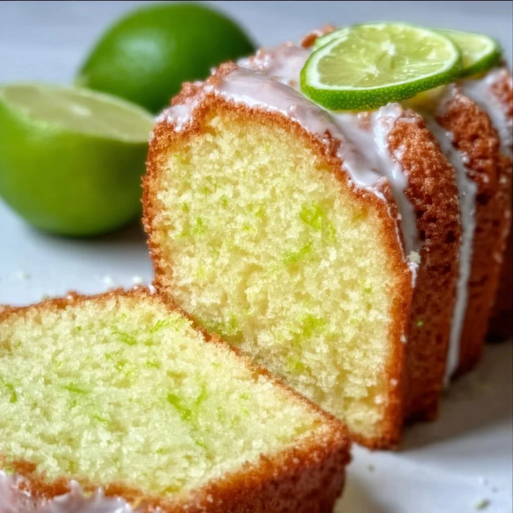 Slice of moist Key Lime Pound Cake with a zesty lime glaze