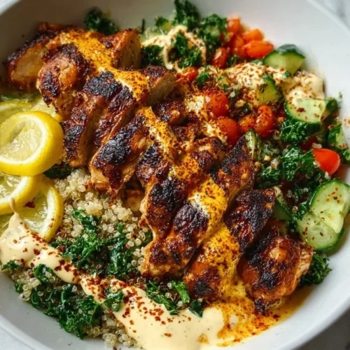 Lemon Chili Grilled Chicken Bowl with colorful vegetables and rice