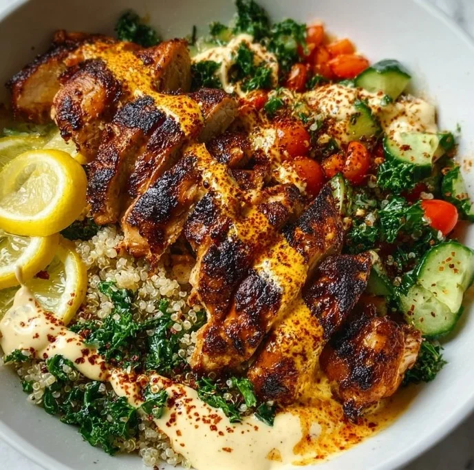 Lemon Chili Grilled Chicken Bowl with colorful vegetables and rice