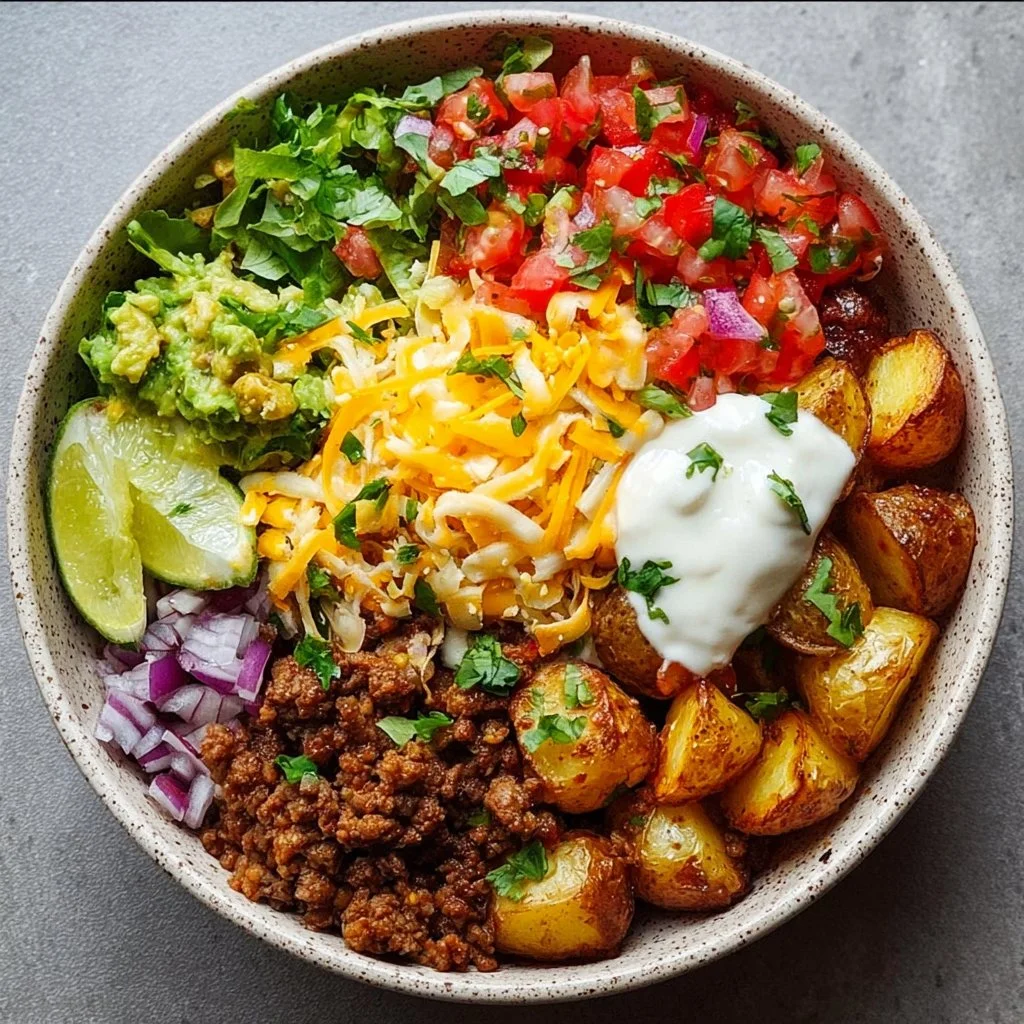 Delicious Loaded Potato Taco Bowl garnished with fresh toppings