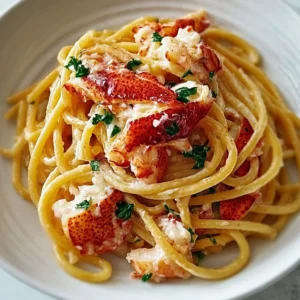 Delicious Lobster Bucatini served with fresh herbs and a rich sauce