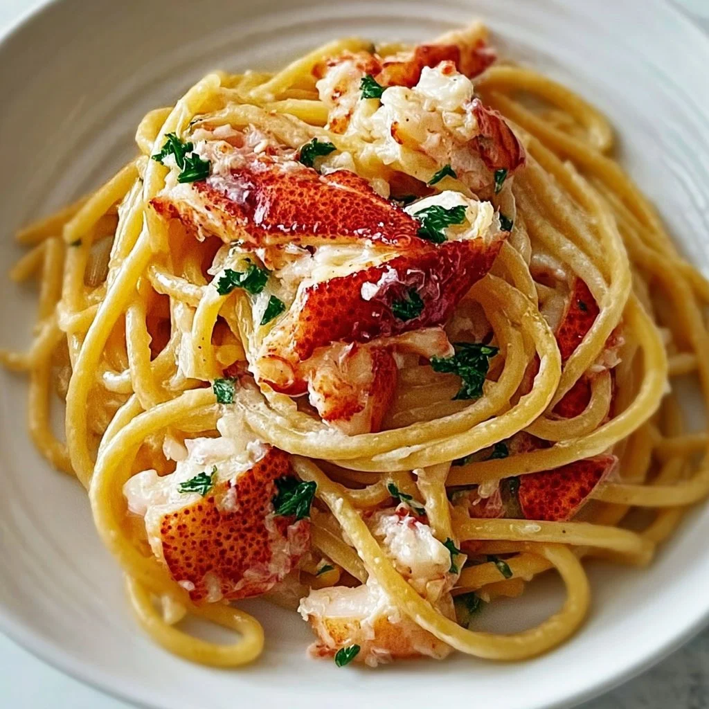 Delicious Lobster Bucatini served with fresh herbs and a rich sauce