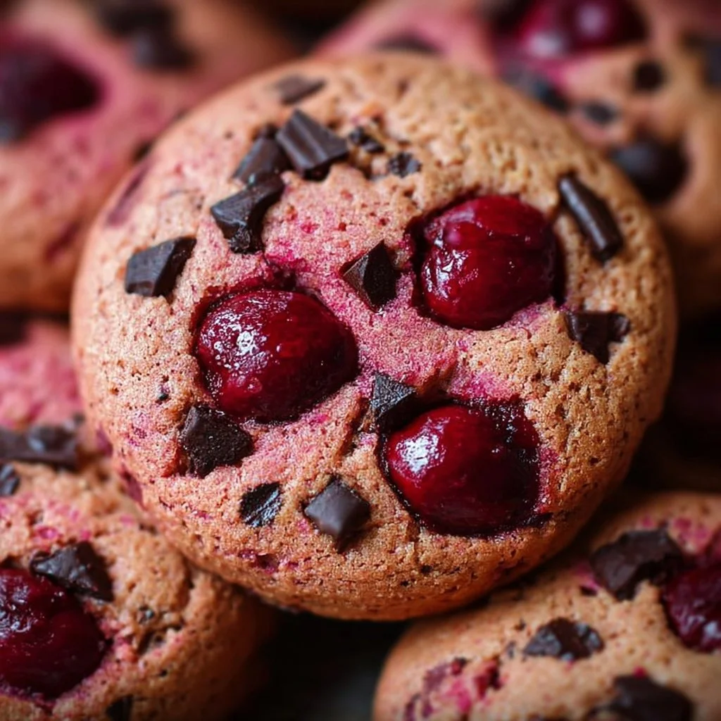 Delicious maraschino cherry chocolate chip cookies on a cooling rack