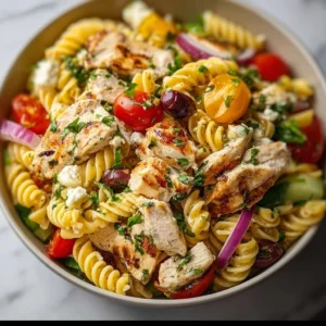 Colorful Mediterranean chicken pasta salad with olives, feta, and vegetables