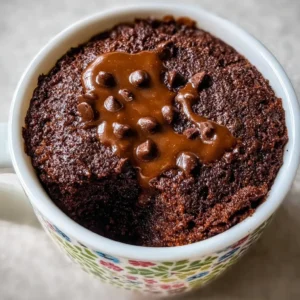 Delicious Microwave Mug Brownie in a teal mug topped with chocolate chips.