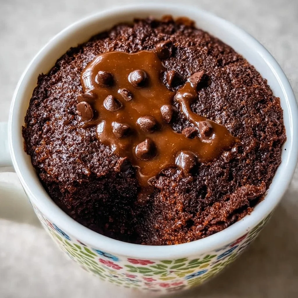 Delicious Microwave Mug Brownie in a teal mug topped with chocolate chips.