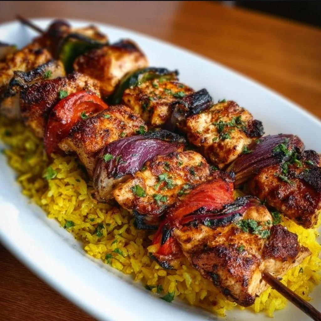 1735855500050-b33rq64b Middle Eastern-style grilled chicken kabobs served with fresh vegetables