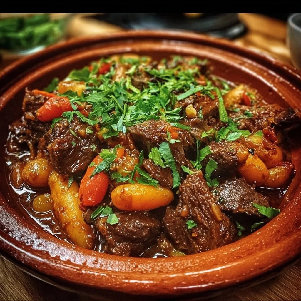 1735855500050-b33rq64b Delicious Moroccan lamb stew with vegetables and aromatic spices in a bowl.