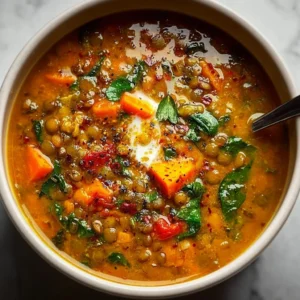 Bowl of the most addictive lentil soup with fresh herbs and ingredients