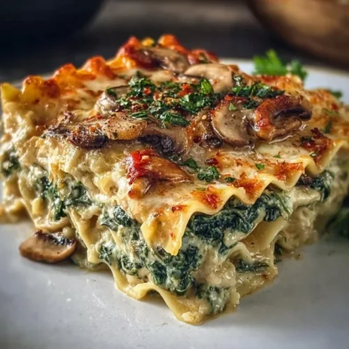 Delicious mushroom and spinach lasagna on a plate, garnished with herbs.