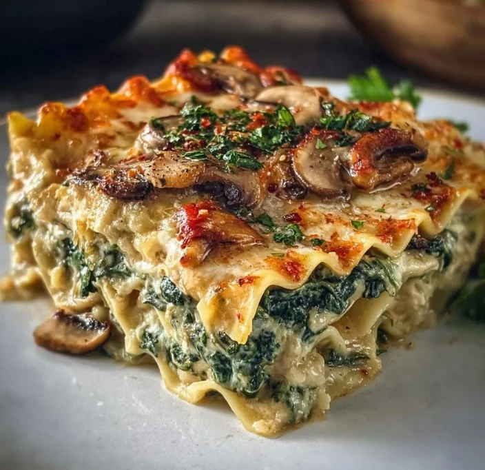 1735855500050-b33rq64b Delicious mushroom and spinach lasagna on a plate, garnished with herbs.