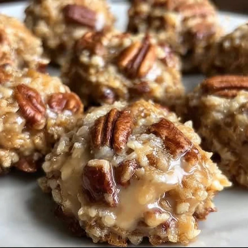 1735855500050-b33rq64b No-bake pecan coconut praline cookies on a plate with a sprinkle of coconut flakes.