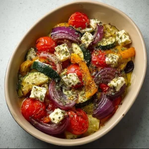 Colorful one pan Greek vegetables, featuring bell peppers, zucchini, and olives.