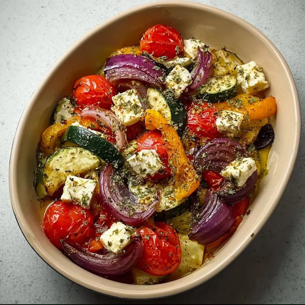 Colorful one pan Greek vegetables, featuring bell peppers, zucchini, and olives.