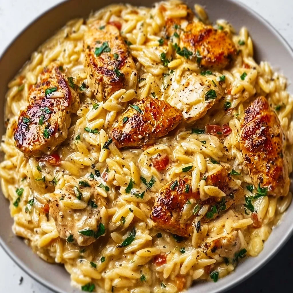 1735855500050-b33rq64b A delicious bowl of Cajun Chicken Alfredo Orzo topped with herbs and spices.