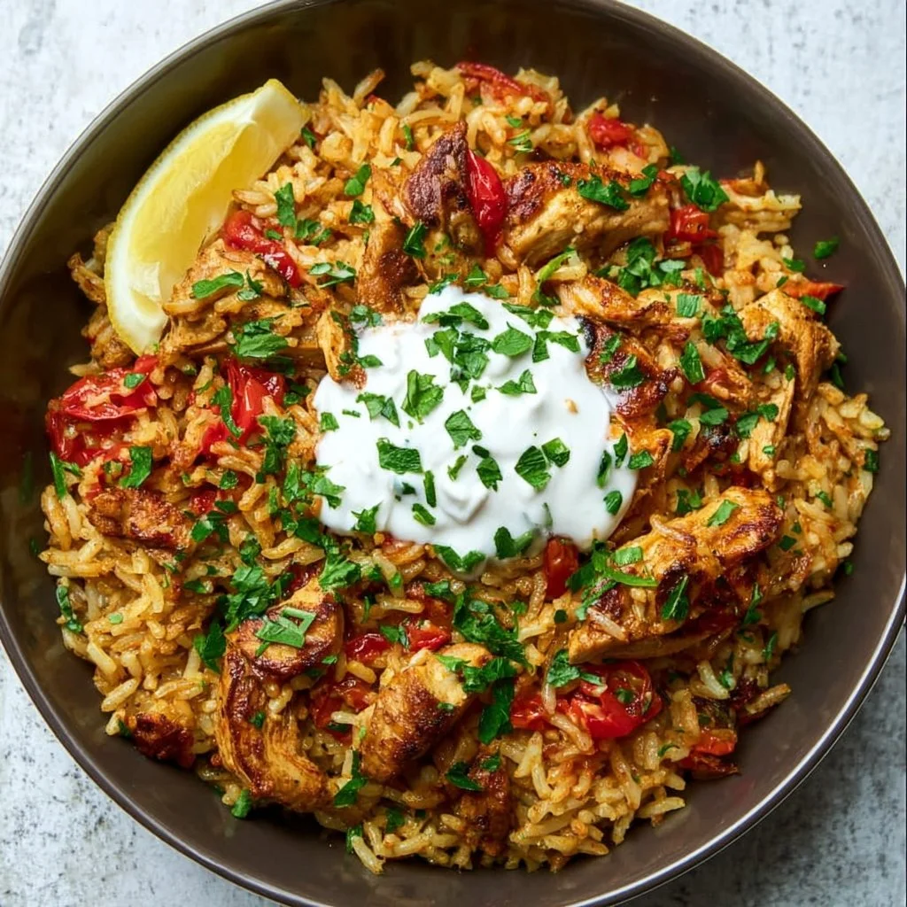 1735855500050-b33rq64b One Pot Chicken Shawarma Rice served in a bowl with fresh herbs and spices