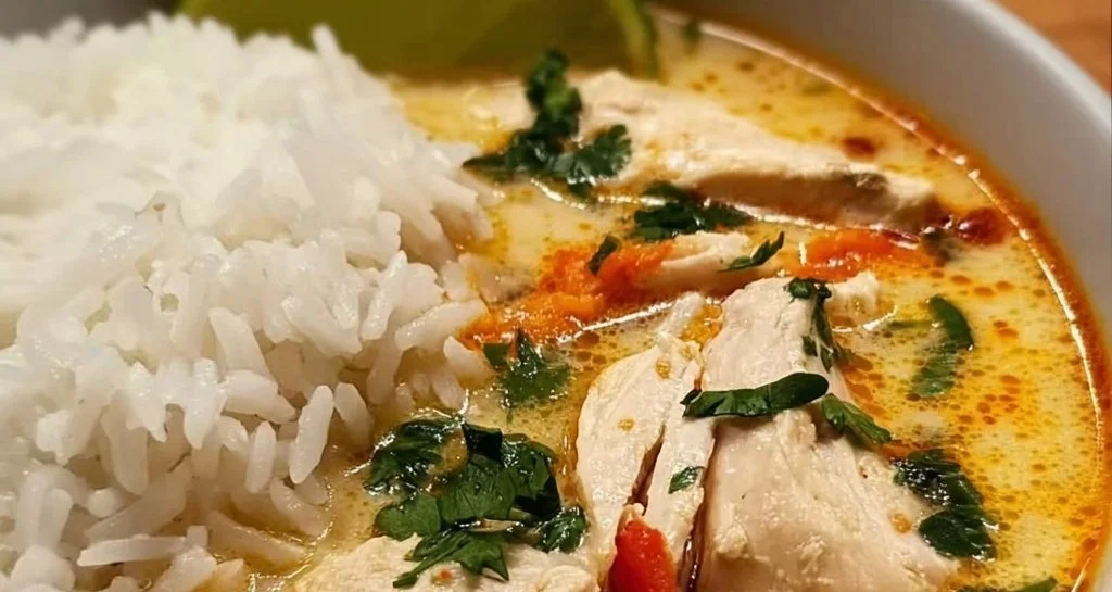 One-Pot Coconut Chicken Brothy Rice in a bowl with herbs and spices