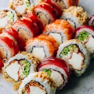 Colorful party food platter featuring sweet snacks and sushi rolls