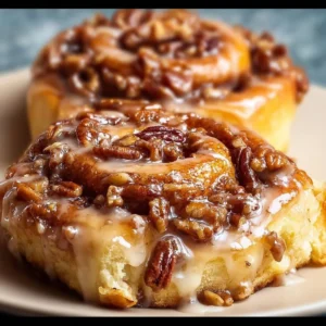 Delicious Pecan Pie Cinnamon Rolls served on a plate with toppings