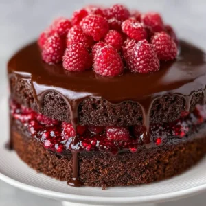 Delicious chocolate raspberry truffle cake decorated with fresh raspberries.