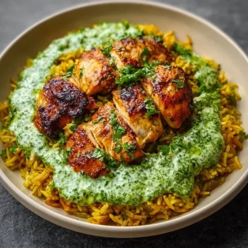 Delicious Peruvian chicken served with rice and vibrant green sauce