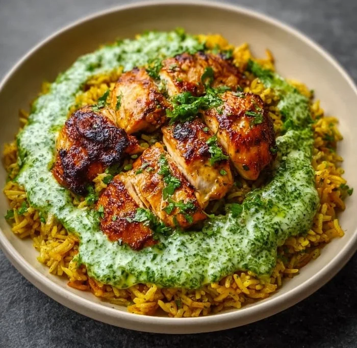 Delicious Peruvian chicken served with rice and vibrant green sauce