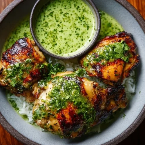 Plate of Peruvian Chicken served with vibrant green sauce and fresh herbs