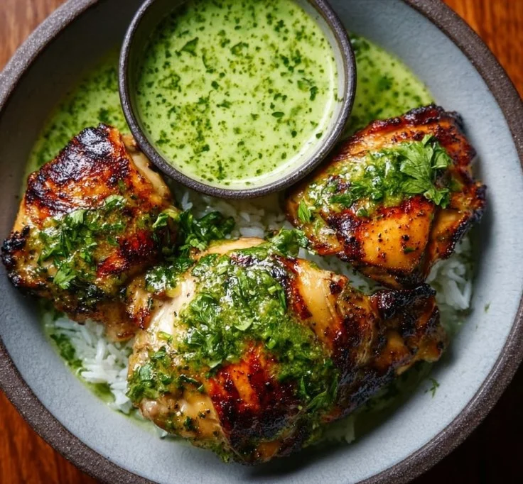 1735855500050-b33rq64b Plate of Peruvian Chicken served with vibrant green sauce and fresh herbs
