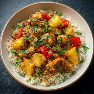 Pineapple Chicken served with rice on a plate, garnished with green onions.