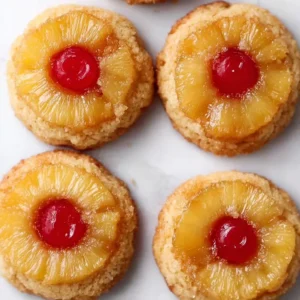 Pineapple Upside Down Sugar Cookies on a plate with tropical decorations