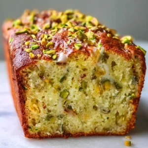 Freshly baked pistachio lemon breakfast bread with a slice cut out