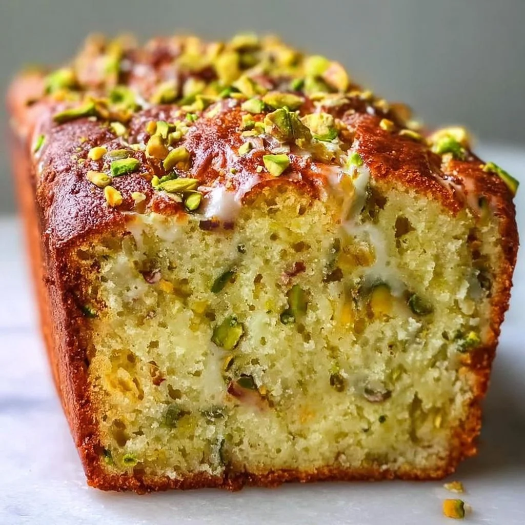 1735855500050-b33rq64b Freshly baked pistachio lemon breakfast bread with a slice cut out